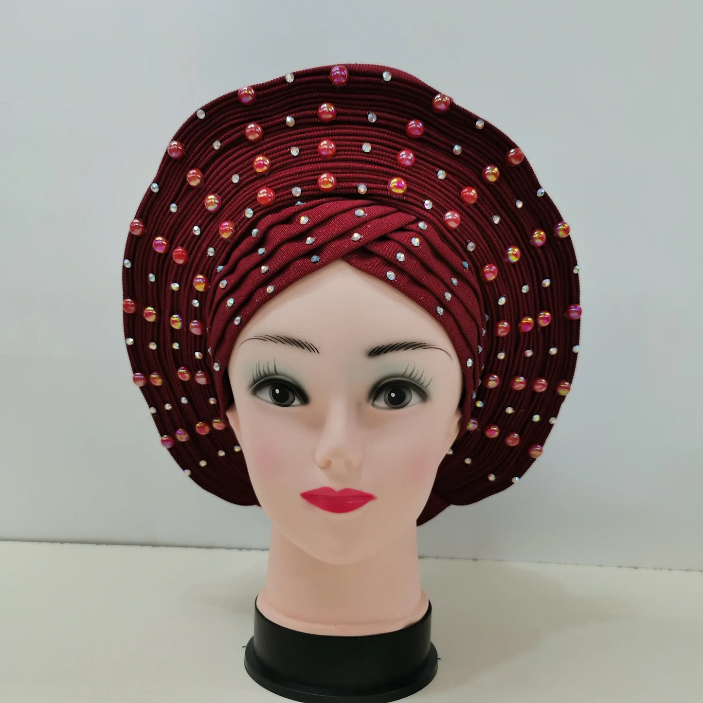 Nigerian Fashion Gele Headtie Aso Oke Gele Already Made Auto Gele Aso African Turban Cap With Beads For Party 1Piece - B&R African Styles