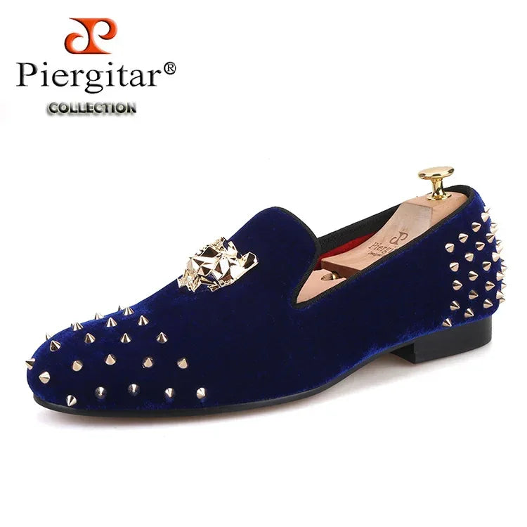 Men's Velvet Shoes: Stylish Slip-On Loafers with Gold Tiger Buckle and Spikes, Perfect for Fashion Parties and Casual Luxury - B&R African Styles