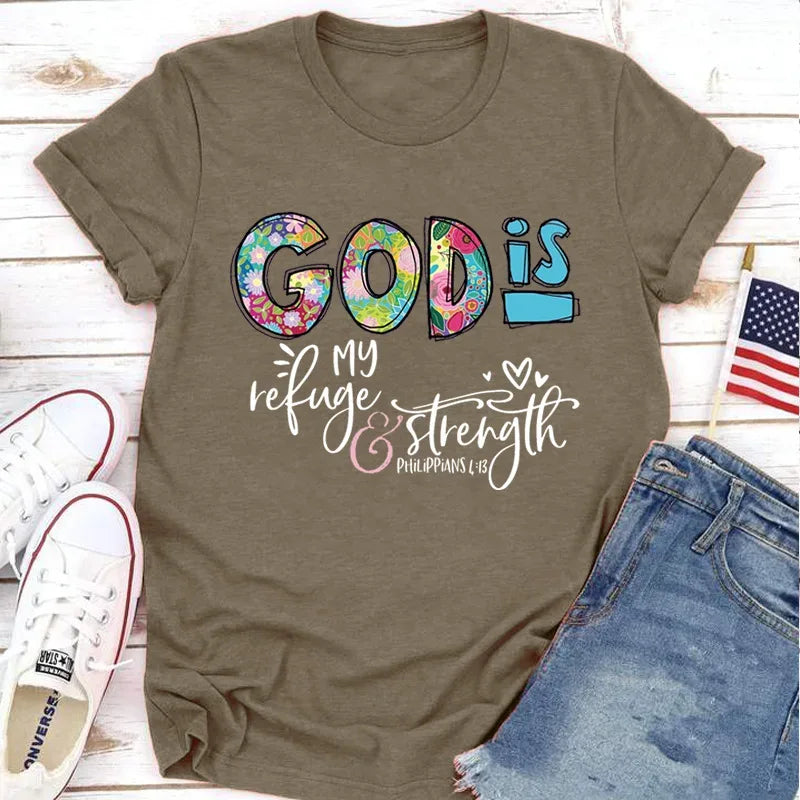 GOD IS Strength Print Women T Shirt Short Sleeve O Neck Loose Women Tshirt Ladies Tee Shirt Tops Clothes Camisetas Mujer - B&R African Styles