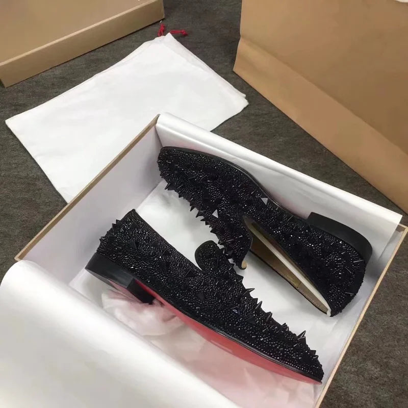 Handcrafted Luxury Men's Black Rhinestone Loafers: Red Bottom Party & Wedding Shoes