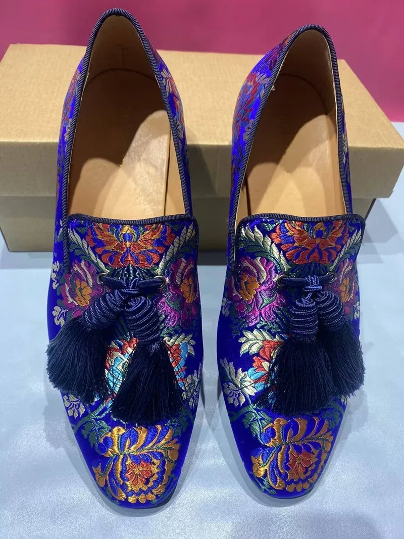 Handcrafted Luxury Men's Tassel Loafers: Elegant Satin Embroidery for Casual and Formal Wear, Perfect for Parties and Proms - B&R African Styles