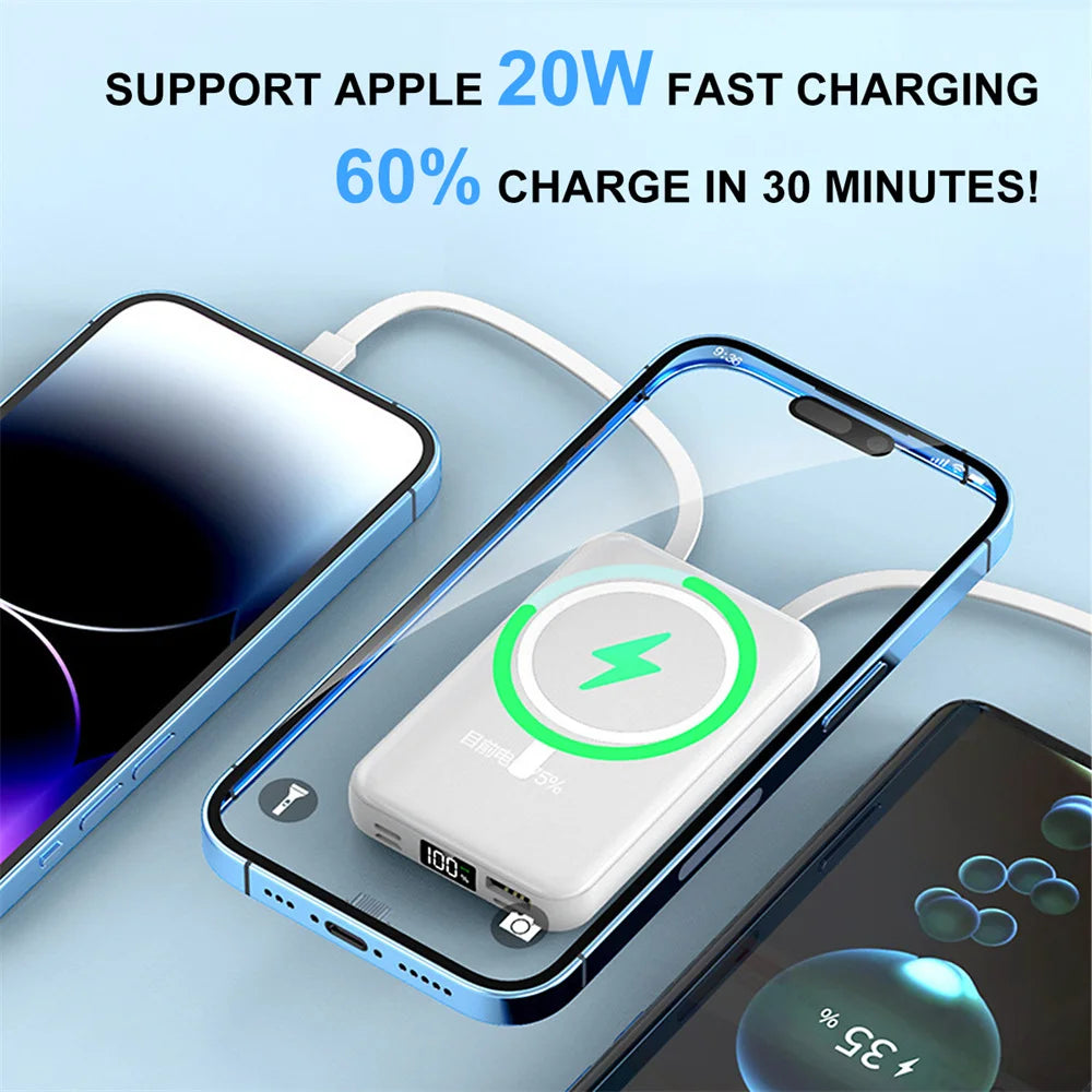 Magnetic 10,000mAh Portable Power Bank & 15W Wireless Charger with Built-in Cable
