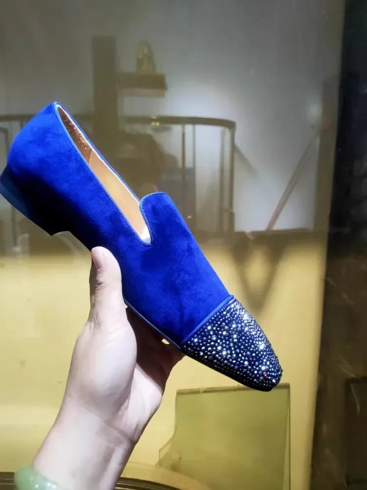 Experience Luxe Comfort: Black Suede Men's Loafers Adorned with Grey Rhinestones - Premium Slip-On Smoking Slippers for Men - B&R African Styles