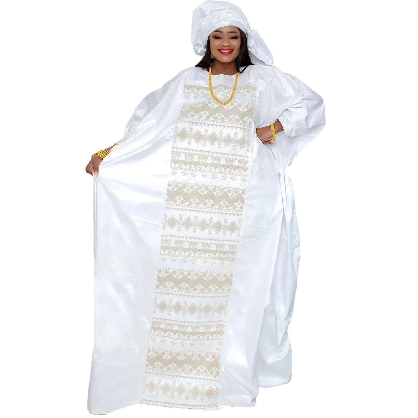 Traditional Bazin Embroidery Dress with Headwrap, and 3Pcs Men's Outfit.