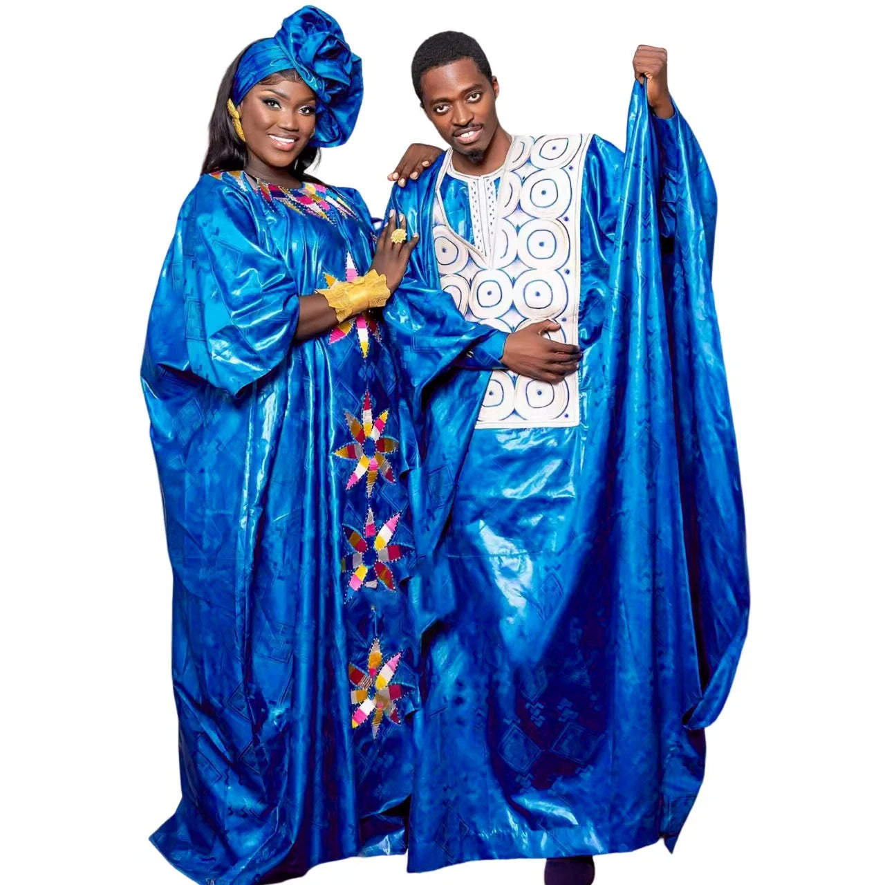 Traditional Bazin Embroidery African Couple Outfits