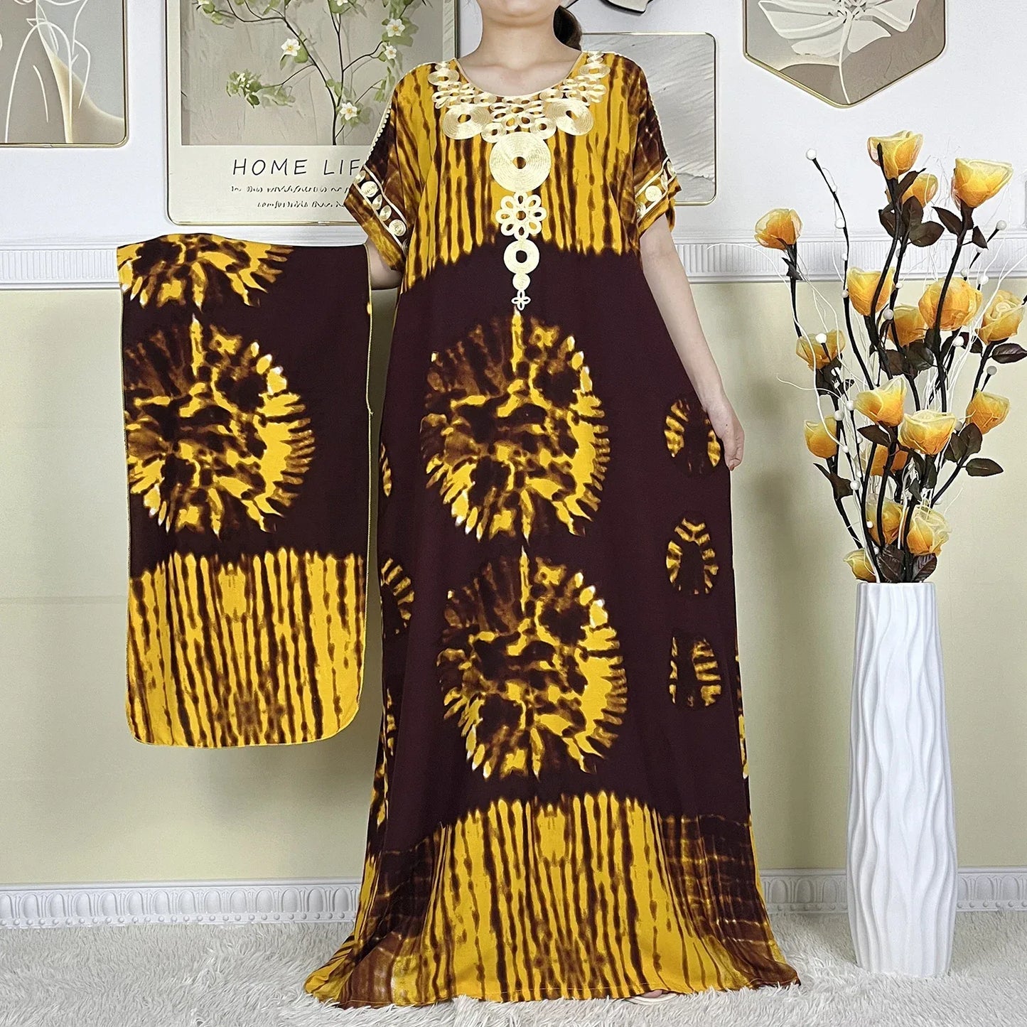 Elegant African Abaya Maxi Dress - Pure Cotton, Loose Fit, Short Sleeve - B&R African Styles