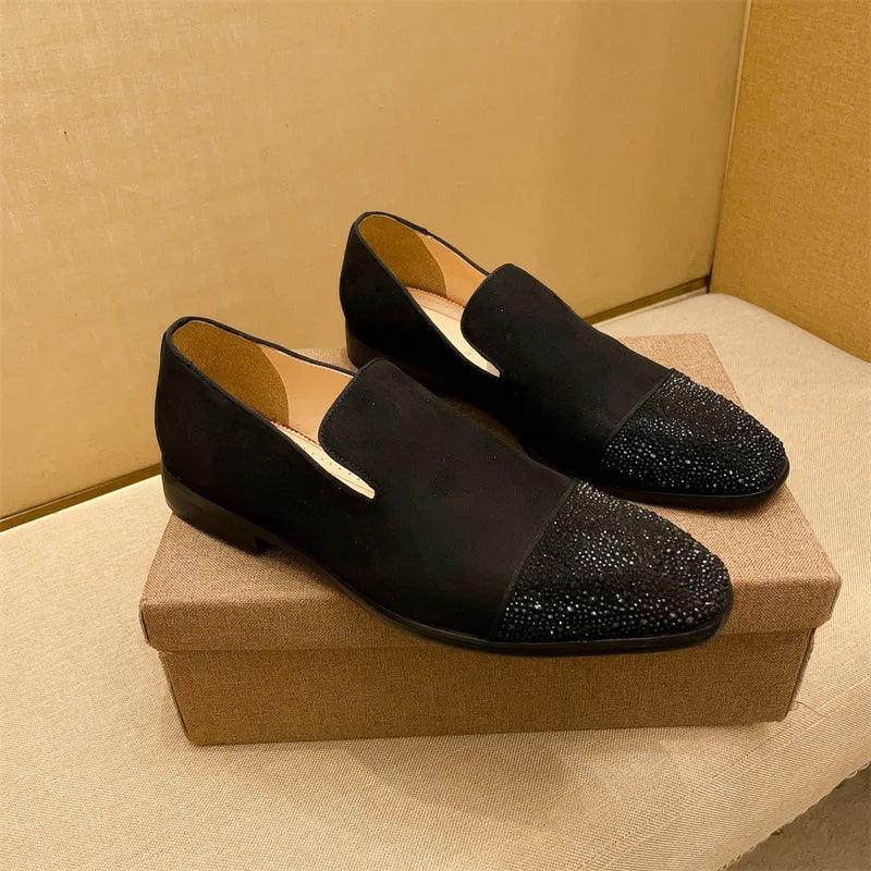 Experience Luxe Comfort: Black Suede Men's Loafers Adorned with Grey Rhinestones - Premium Slip-On Smoking Slippers for Men - B&R African Styles