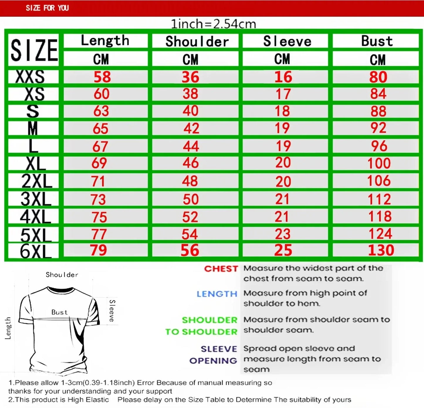 Size chart for clothing with measurements in centimeters