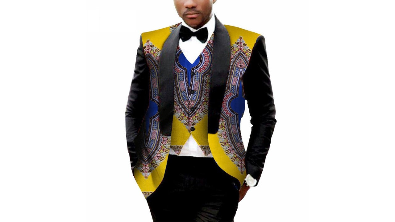 Men's Printed Dashiki Blazer Men Jacket + Vest Slim Suits - B&R African Styles