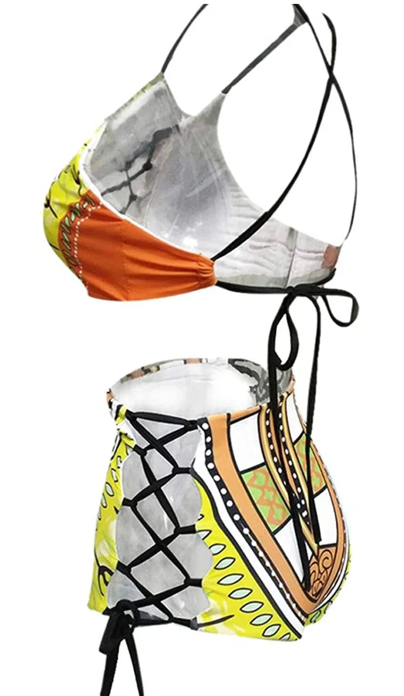 Exotic Yellow Bikini High Waist Bikini Patterned Strap Swimsuit Set