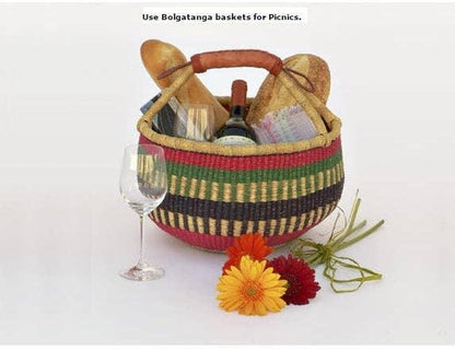 Medium Bolga Market Basket w/ Leather Wrapped Handle (Colors Vary) W: 11" - 13" H: 8"-10", 1 EA - B&R African Styles