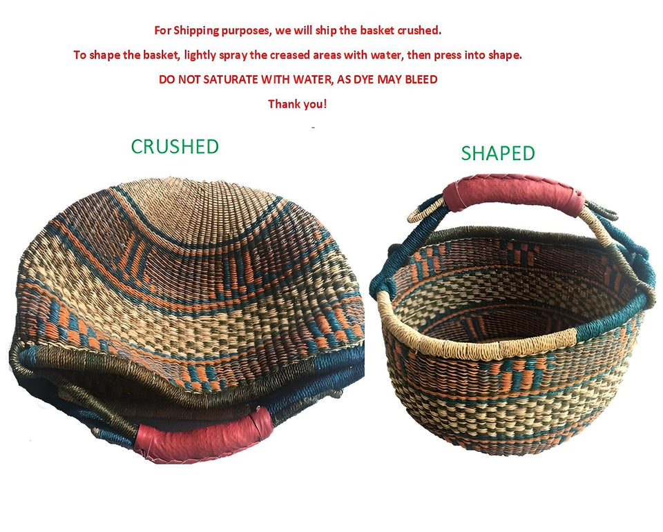 Medium Bolga Market Basket with Leather Handle (Assorted Colors)