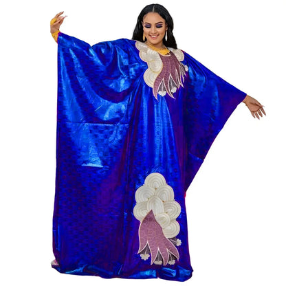 African Bazin Embroidery Long Maxi Dress with Scarf - B&R African Styles