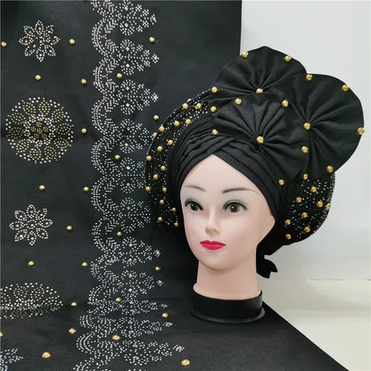 Auto Gele Aso Oke beaded African Headtie - B&R African Styles