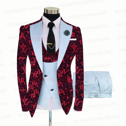 Red Floral Print Men's Suit 3 Pieces Slim fit Suit Jacket For Wedding, Special Events - B&R African Styles