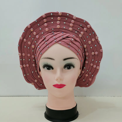 Nigerian Fashion Gele Headtie Aso Oke Gele Already Made Auto Gele Aso African Turban Cap With Beads For Party 1Piece - B&R African Styles