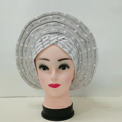 Nigerian Fashion Gele Headtie Aso Oke Gele Already Made Auto Gele Aso African Turban Cap With Beads For Party 1Piece - B&R African Styles