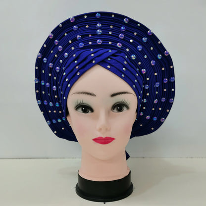 Nigerian Fashion Gele Headtie Aso Oke Gele Already Made Auto Gele Aso African Turban Cap With Beads For Party 1Piece - B&R African Styles