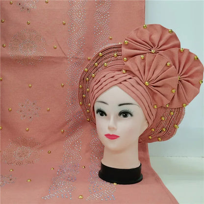 Auto Gele Aso Oke beaded African Headtie - B&R African Styles