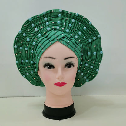 Nigerian Fashion Gele Headtie Aso Oke Gele Already Made Auto Gele Aso African Turban Cap With Beads For Party 1Piece - B&R African Styles