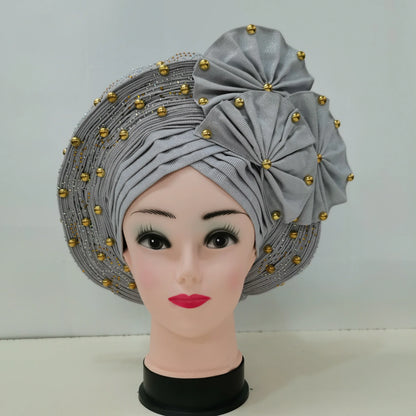 Nigerian Fashion Gele Headtie Aso Oke Gele Already Made Auto Gele Aso African Turban Cap With Beads For Party 1Piece - B&R African Styles