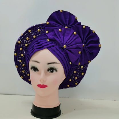 Nigerian Fashion Gele Headtie Aso Oke Gele Already Made Auto Gele Aso African Turban Cap With Beads For Party 1Piece - B&R African Styles