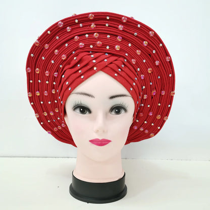 Nigerian Fashion Gele Headtie Aso Oke Gele Already Made Auto Gele Aso African Turban Cap With Beads For Party 1Piece - B&R African Styles