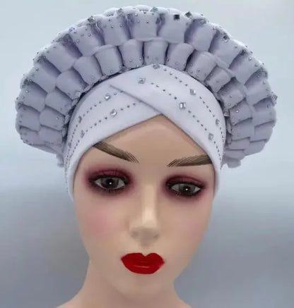 Nigerian Fashion Gele Headtie Aso Oke Gele Already Made Auto Gele Aso African Turban Cap With Beads For Party 1Piece - B&R African Styles