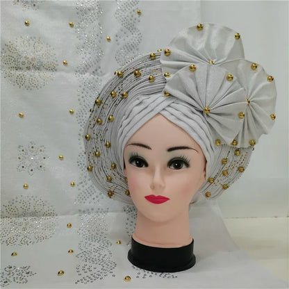Auto Gele Aso Oke beaded African Headtie - B&R African Styles