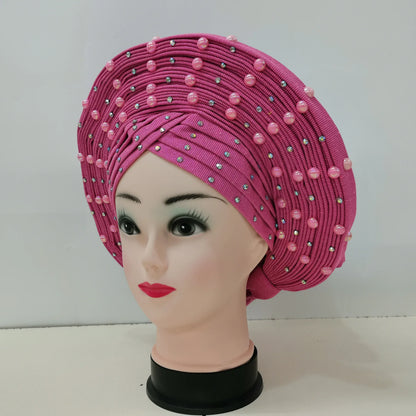 Nigerian Fashion Gele Headtie Aso Oke Gele Already Made Auto Gele Aso African Turban Cap With Beads For Party 1Piece - B&R African Styles