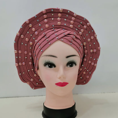Nigerian Fashion Gele Headtie Aso Oke Gele Already Made Auto Gele Aso African Turban Cap With Beads For Party 1Piece - B&R African Styles