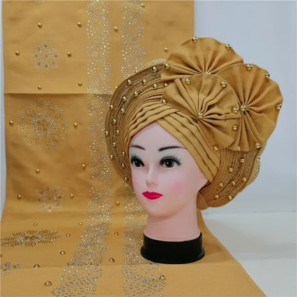 Auto Gele Aso Oke beaded African Headtie - B&R African Styles