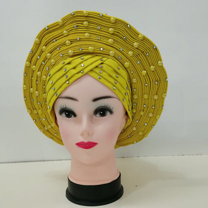 Nigerian Fashion Gele Headtie Aso Oke Gele Already Made Auto Gele Aso African Turban Cap With Beads For Party 1Piece - B&R African Styles