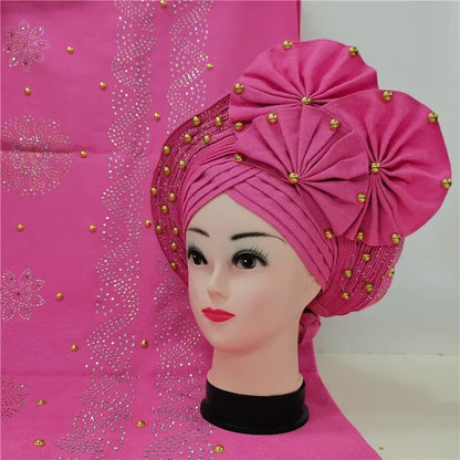 Auto Gele Aso Oke beaded African Headtie - B&R African Styles