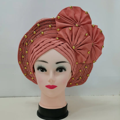 Nigerian Fashion Gele Headtie Aso Oke Gele Already Made Auto Gele Aso African Turban Cap With Beads For Party 1Piece - B&R African Styles