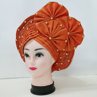 Nigerian Fashion Gele Headtie Aso Oke Gele Already Made Auto Gele Aso African Turban Cap With Beads For Party 1Piece - B&R African Styles