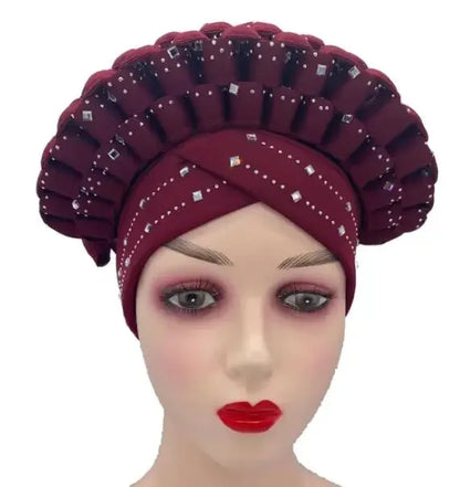 Nigerian Fashion Gele Headtie Aso Oke Gele Already Made Auto Gele Aso African Turban Cap With Beads For Party 1Piece - B&R African Styles