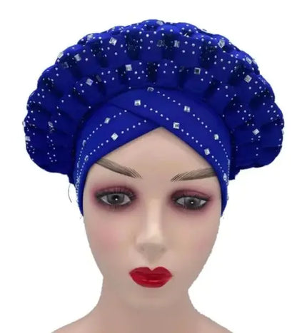 Nigerian Fashion Gele Headtie Aso Oke Gele Already Made Auto Gele Aso African Turban Cap With Beads For Party 1Piece - B&R African Styles