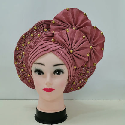 Nigerian Fashion Gele Headtie Aso Oke Gele Already Made Auto Gele Aso African Turban Cap With Beads For Party 1Piece - B&R African Styles