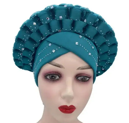 Nigerian Fashion Gele Headtie Aso Oke Gele Already Made Auto Gele Aso African Turban Cap With Beads For Party 1Piece - B&R African Styles