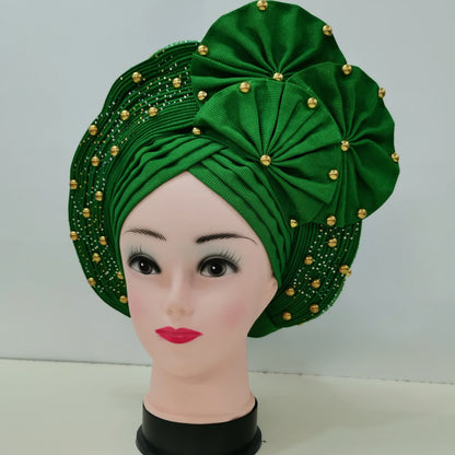 Nigerian Fashion Gele Headtie Aso Oke Gele Already Made Auto Gele Aso African Turban Cap With Beads For Party 1Piece - B&R African Styles