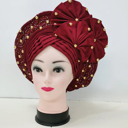 Nigerian Fashion Gele Headtie Aso Oke Gele Already Made Auto Gele Aso African Turban Cap With Beads For Party 1Piece - B&R African Styles