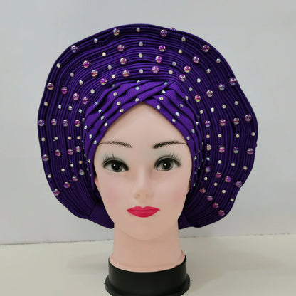 Nigerian Fashion Gele Headtie Aso Oke Gele Already Made Auto Gele Aso African Turban Cap With Beads For Party 1Piece - B&R African Styles