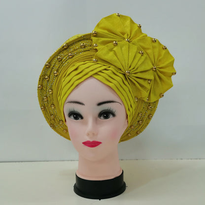 Nigerian Fashion Gele Headtie Aso Oke Gele Already Made Auto Gele Aso African Turban Cap With Beads For Party 1Piece - B&R African Styles