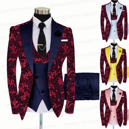 Red Floral Print Men's Suit 3 Pieces Slim fit Suit Jacket For Wedding, Special Events - B&R African Styles