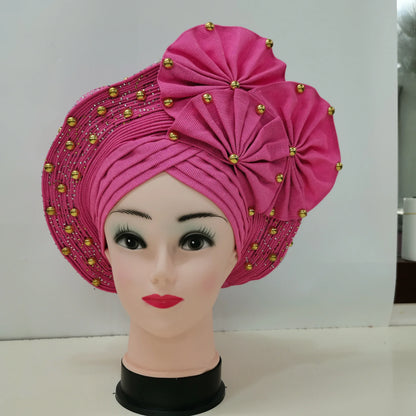 Nigerian Fashion Gele Headtie Aso Oke Gele Already Made Auto Gele Aso African Turban Cap With Beads For Party 1Piece - B&R African Styles