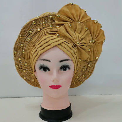 Nigerian Fashion Gele Headtie Aso Oke Gele Already Made Auto Gele Aso African Turban Cap With Beads For Party 1Piece - B&R African Styles