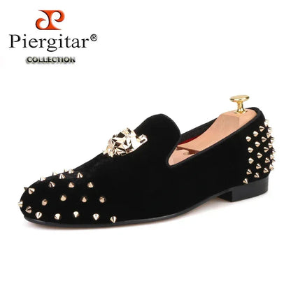 Men's Velvet Shoes: Stylish Slip-On Loafers with Gold Tiger Buckle and Spikes, Perfect for Fashion Parties and Casual Luxury - B&R African Styles