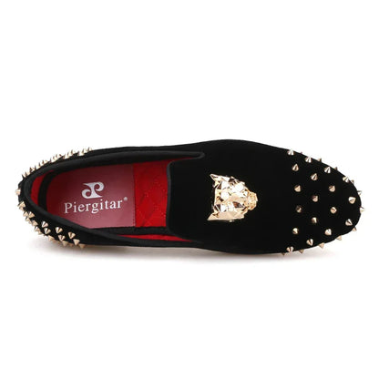 Men's Velvet Shoes: Stylish Slip-On Loafers with Gold Tiger Buckle and Spikes, Perfect for Fashion Parties and Casual Luxury - B&R African Styles