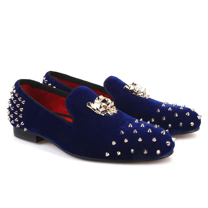Men's Velvet Shoes: Stylish Slip-On Loafers with Gold Tiger Buckle and Spikes, Perfect for Fashion Parties and Casual Luxury - B&R African Styles